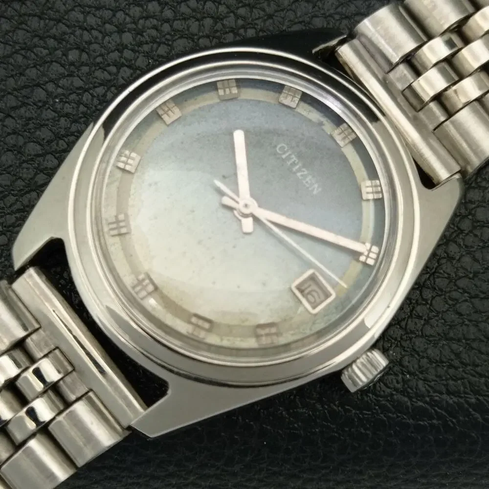 Vintage 1976 Citizen Manual Mens Silver Watch W/daydate & Blue accents